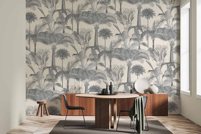 The wallpaper in the modern dining area features a light-colored backdrop with leafy palm tree designs. It includes shades of green and hints of natural brown, evoking a lush, tropical feel. The detailed palm fronds create a sense of dining amidst nature, perfect for searches related to botanical or tropical-themed decor.