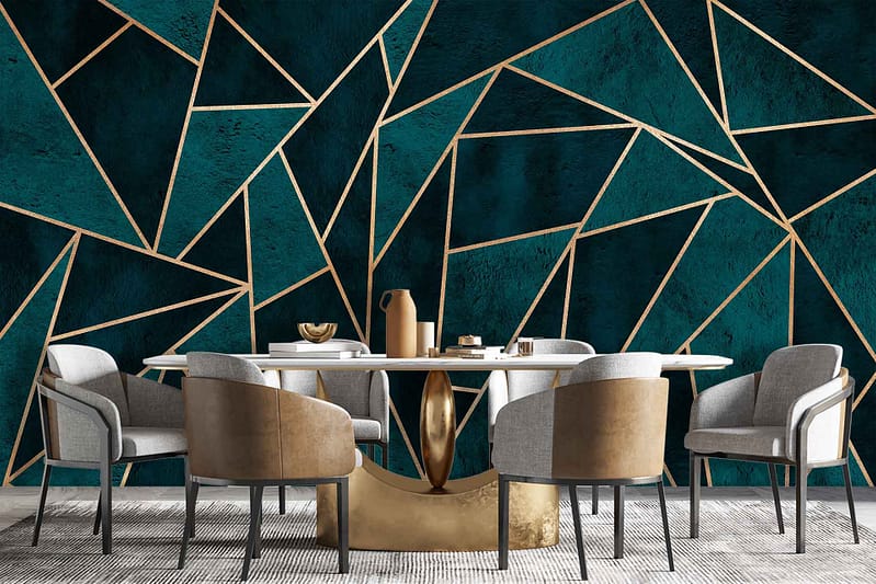 Geometric wall design in teal with gold accents, reminiscent of patterns seen in psychic readings.