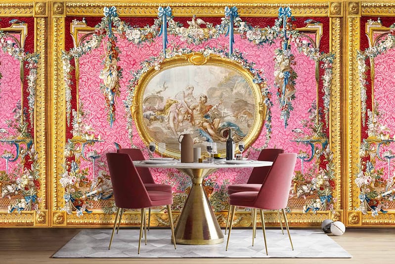 The wallpaper is an opulent pink and gold tapestry with elaborate patterns, resembling a daisy chain. It features intricate designs in shades of pink and shimmering gold detailing.