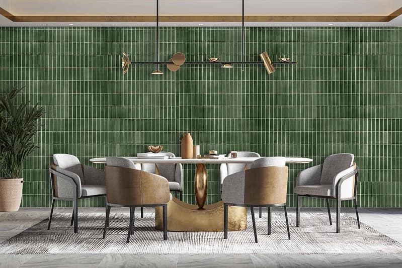 The wallpaper in the modern dining room features a green color with vertical tiles.