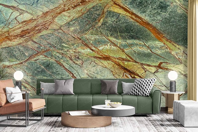 Wallpaper in this stylish living room features a striking green and gold marble pattern resembling Brazilian Leaves. Elements include rich green hues mimicking foliage, intertwining with luxurious gold veins, creating an elegant and natural aesthetic.