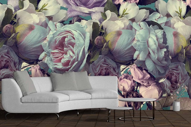 Vibrant floral wall mural with large, colorful blossoms; shades of pink, purple, and teal.