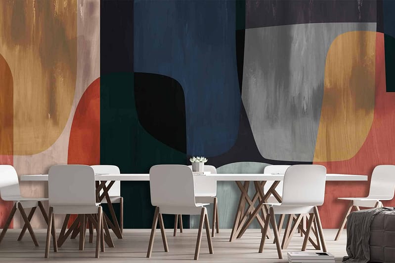 Abstract mural, large colorful shapes, hues of red, black, brown, grey, green.