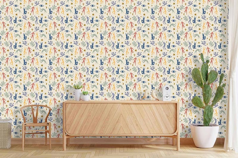 Colorful botanical wallpaper featuring lush green leaves, vibrant florals in shades of pink, yellow, and orange. Detailed motifs, interweaving vines and blooming flowers evoke a vacation retreat.