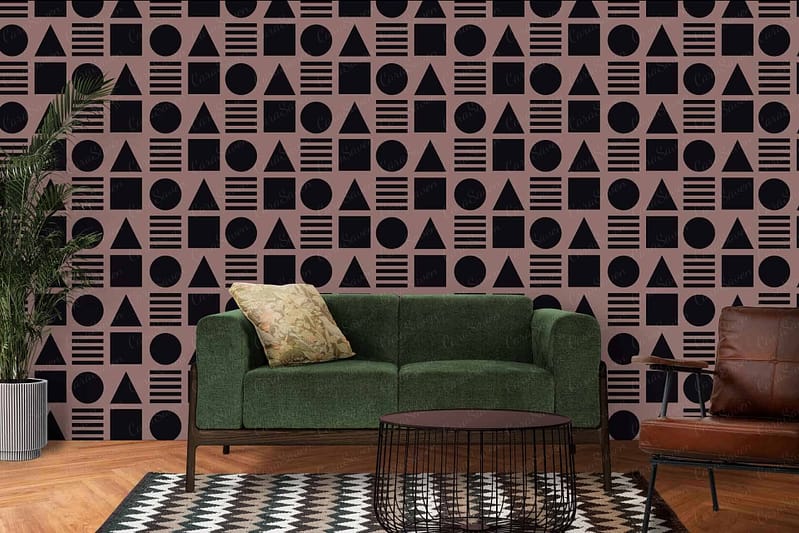 Geometric patterned wallpaper, black shapes on a brown background, African essence.
