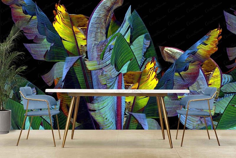 The wallpaper features a vibrant mural of colorful, abstract leaves against a black backdrop, adding an African essence. Bright hues in the leaves include green, red, yellow, and blue.