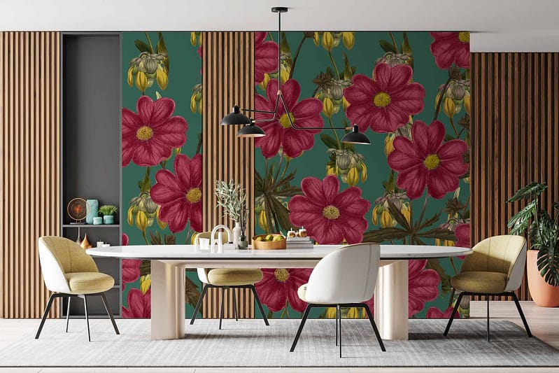 The wallpaper features a vibrant floral mural with large red flowers and subtle green accents, reminiscent of a daisy chain.