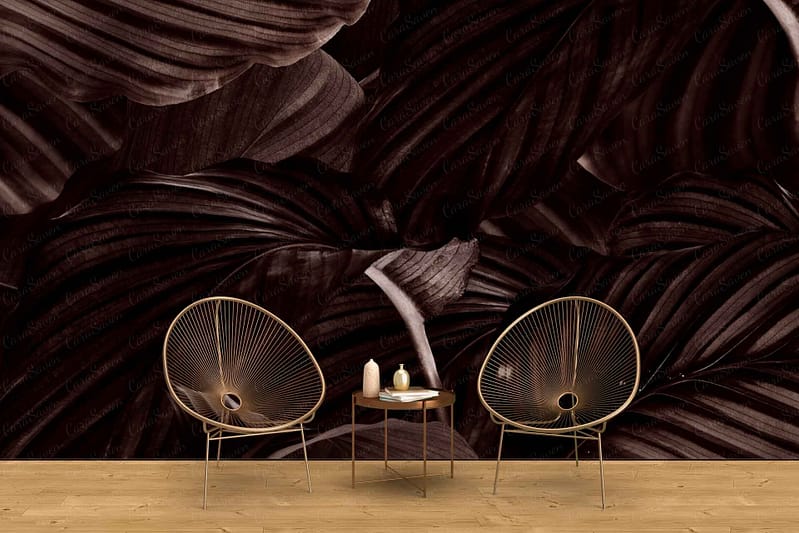 Dark, large, textured leaves dominate the wallpaper with intricate detailing. The rich, deep green and earthy tones create a bold backdrop.