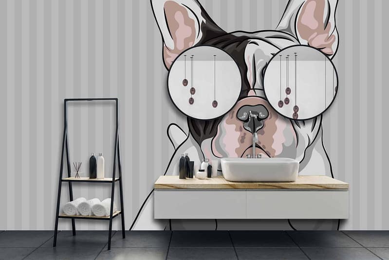The wallpaper features a large mural of a French Bulldog wearing oversized glasses. The background consists of bold horizontal stripes, with alternating black and white lines. The dog itself is depicted in realistic colors, while the glasses may be an accent color to stand out against the monochrome stripes.