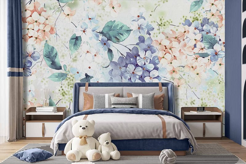 Floral mural wallpaper featuring light pink, blue, and green flowers.