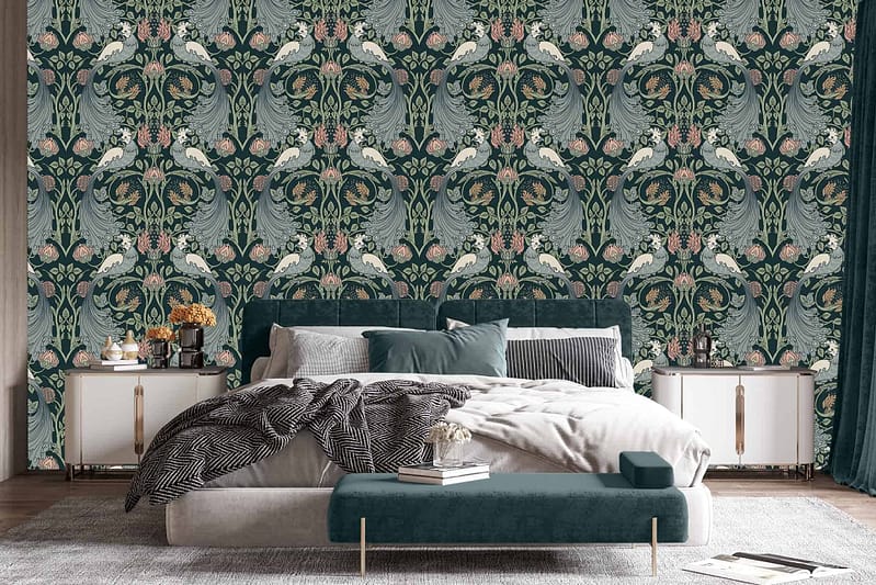 Intricate nature-inspired wallpaper adorned with shades of green, white, and pink. The design features elements such as delicate florals, lush leaves, and subtle vines interwoven to create a captivating pattern. Ideal for those seeking a touch of the outdoors inside their home.