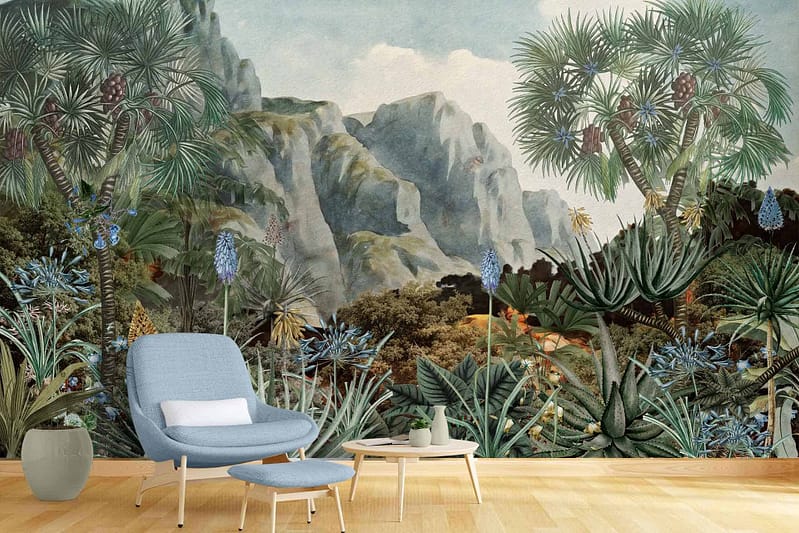 Colorful mural featuring a lush jungle, diverse plants, and mountains; vibrant greens, earthy browns, deep blues, subtle hints of yellow and pink; nature-inspired elements that raise awareness about soil erosion.
