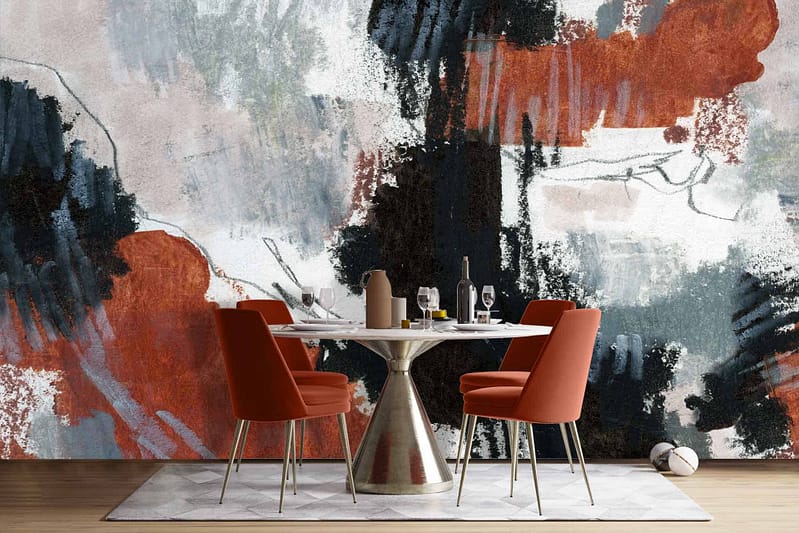 Bold abstract mural featuring shades of rust, black, white, and gray.