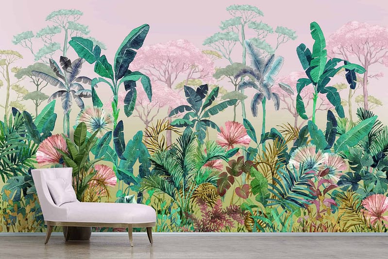 Vibrant, tropical-themed wallpaper featuring a dense jungle of green plants, trees, and colorful flowers. Pastel pink background adds a whimsical feel.