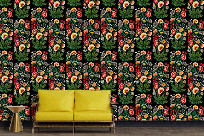The wallpaper features a black background with a vibrant floral pattern, showcasing red, orange, and yellow flowers along with green leaves.