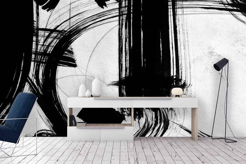 Abstract black and white mural with bold, contrasting patterns - geometric shapes and fluid lines. Predominantly monochromatic colors include stark black elements interwoven with bright white sections, creating a dynamic visual impact suitable for a modern minimalist aesthetic.