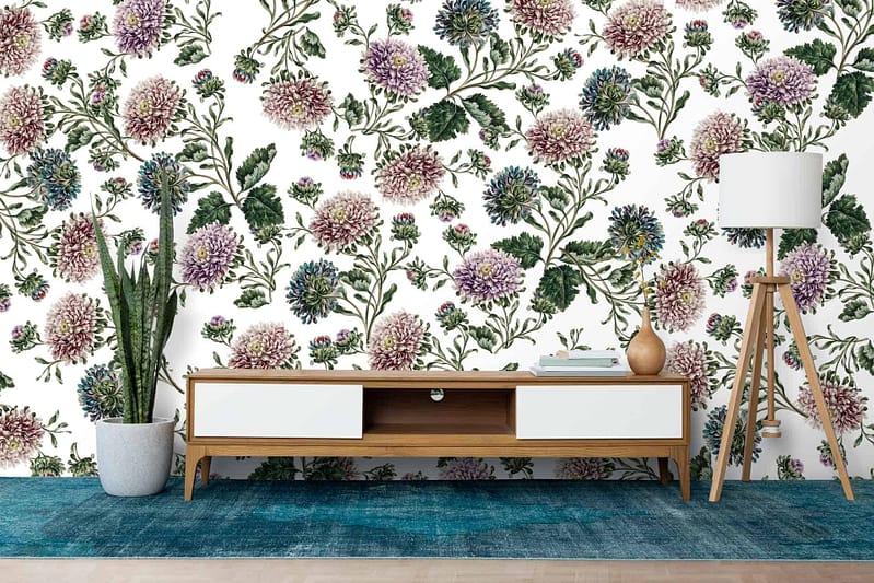 The Sweet Peony floral-patterned wallpaper showcases pink and blue flowers.