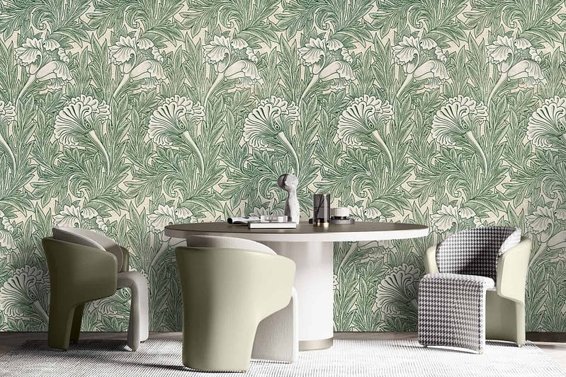 Detailed floral wallpaper, reminiscent of Indonesia's lush landscapes, featuring shades of green and beige.