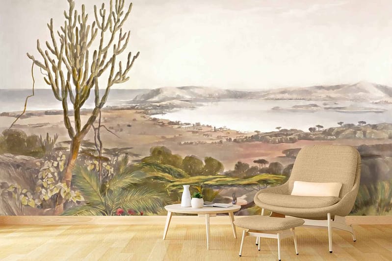 The wallpaper features a detailed coastal landscape mural with rugged hills, lush green vegetation, and an expansive view of the blue sea. The colors include various shades of green, blue, and earthy tones to depict the natural scenery.