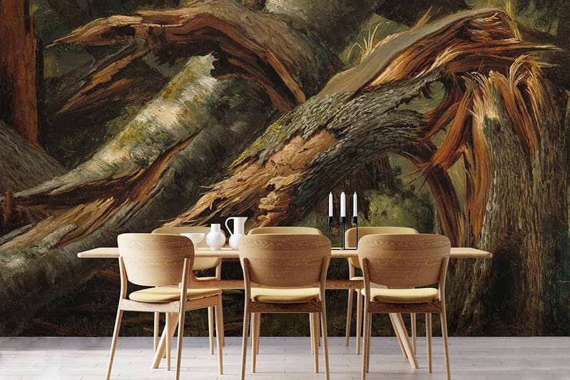 A large mural featuring fallen tree trunks with rich, textured bark. The detailed illustration evokes an enchanting outdoor forest setting. Dominant elements include the rough texture of the bark and earthy tones of brown and green, capturing a natural woodland ambiance with intricate, lifelike details.