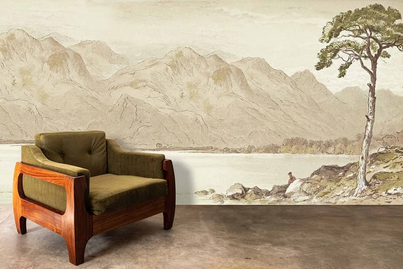Wall mural features a serene mountain landscape with a lake, trees, and mountains. Soft, earthy tones dominate the scene: muted greens, blues, browns, and beiges create a tranquil atmosphere.