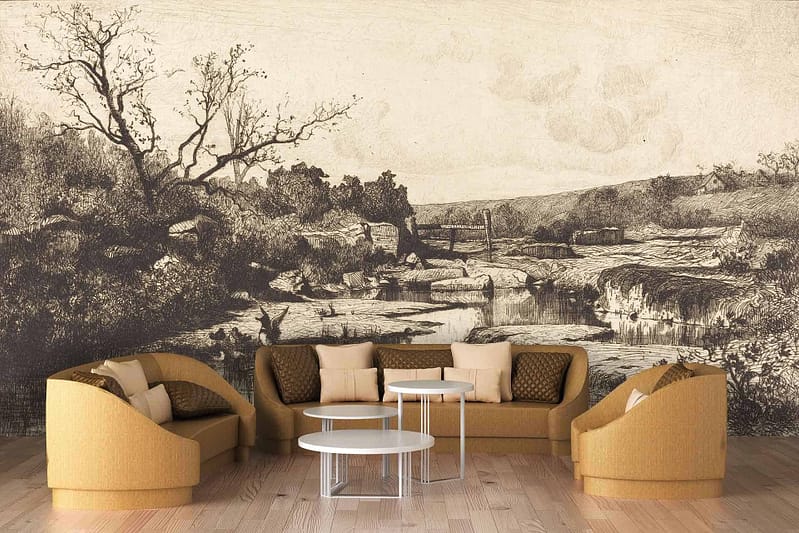 A large wall mural depicts a rustic, black-and-white landscape featuring trees and a river.