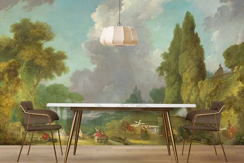 The wallpaper features an ornate classical landscape with elements such as trees, clouds, and people in traditional attire. The colors include various shades of green for the foliage, blue and white for the sky and clouds, and soft earthy tones for the figures' clothing. This backdrop adds a serene and artistic ambiance to the dining area.