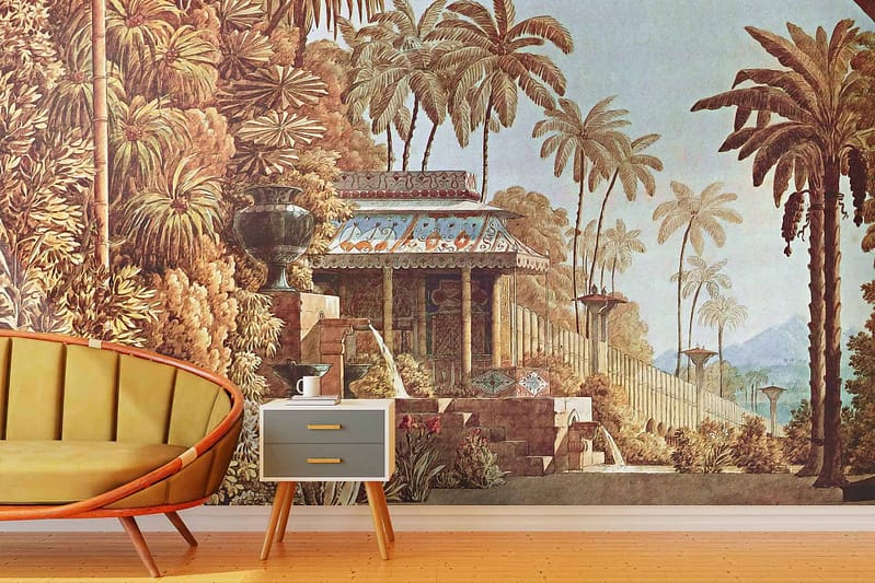 Vintage tropical-themed wallpaper, lush palm trees, garden pavilion, reminiscent of Venice. Elements include rich greenery and architectural motifs in soothing hues. Predominant colors are various shades of green for the foliage, muted blues and grays for architectural elements, soft browns and beiges representing natural wood or stone textures.