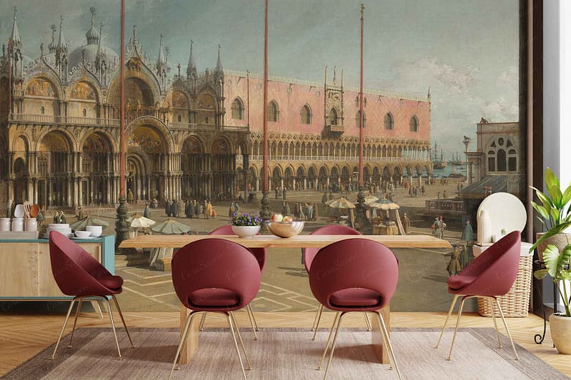 Detailed mural with Venetian city scene, featuring grand architecture and bustling piazzas. Colors include shades of terracotta, beige, and sandy yellows for the buildings, deep blues for the canal waters, greens in foliage accents, and muted reds and browns in clothing and market stalls.
