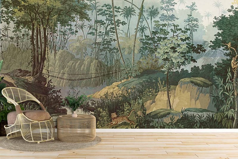 A lush jungle mural wallpaper with vibrant greens, browns, and touches of exotic plant colors. Various trees and plants feature prominently, adding a vivid, dense foliage effect perfect for creating a tropical ambiance.