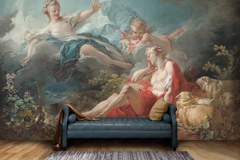 Wallpaper features mythological figures with vibrant colors: Diana reclining, angelic figure above, cherub with sheep nearby.