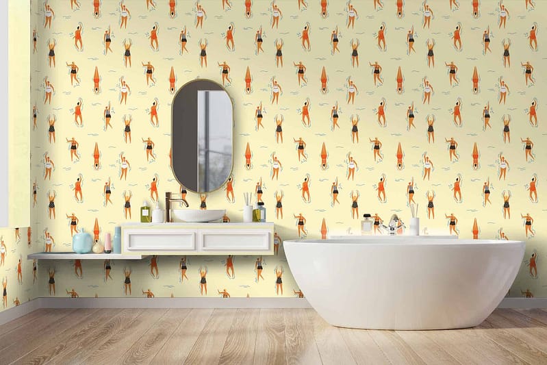 Whimsical flamingo wallpaper: Playful pink flamingos with graceful necks and detailed feathers; light aqua blue background; subtle green palm leaves interspersed for a tropical feel.