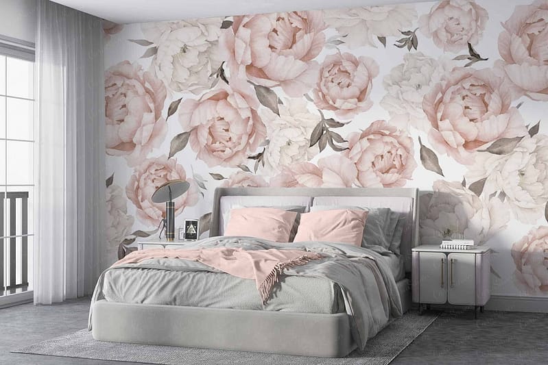 Floral wallpaper featuring soft pink and cream flowers.