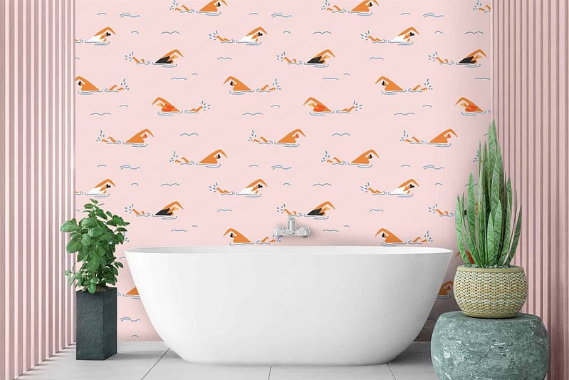 Pink wallpaper featuring a repeating pattern of swimmers in various positions, highlighting elements like figures in swimming poses and shades of pink for the backdrop.