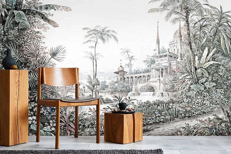 The detailed mural features a lush, tropical scene. Key elements include dense vegetation, palm trees, and a grand building with arches and spires. Colors to note are various shades of green for the foliage, browns and tans for the tree trunks, tan or beige for the building's arches and spires, with hints of purple as if wishing for wisteria to drape over the landscape.