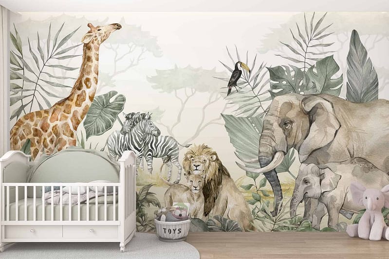 A jungle-themed mural featuring a giraffe, zebras, lions, an elephant with a baby elephant, and lush tropical plants. Predominant colors include vibrant greens from the foliage, warm golden tones for the giraffes and lions, black and white stripes for the zebras, and soft grays for the elephants. Accents of pink flowers scattered throughout add a subtle touch of color.