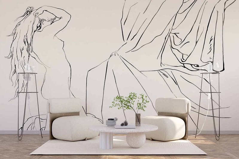 Minimalist living room wallpaper featuring elegant, large line art with abstract human figures in the process of undress and draped fabric. Dominant colors include soft beige, muted gray, and subtle black lines.