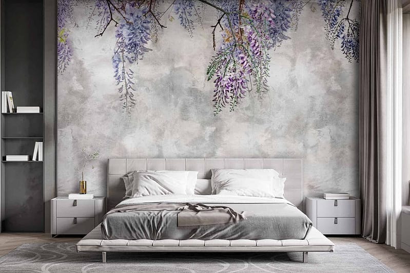 The "Wishing For Wisteria" wallpaper features hanging purple wisteria flowers, creating a serene and calming atmosphere.