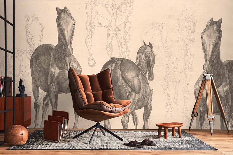 The abstract horse-themed mural in the cozy living room features dynamic, fluid lines and vivid colors like deep blues, earthy browns, and vibrant yellows. Swirling patterns evoke a sense of movement and a fantastical journey. Hints of green and soft pastels accentuate the mural, creating an ethereal ambiance.