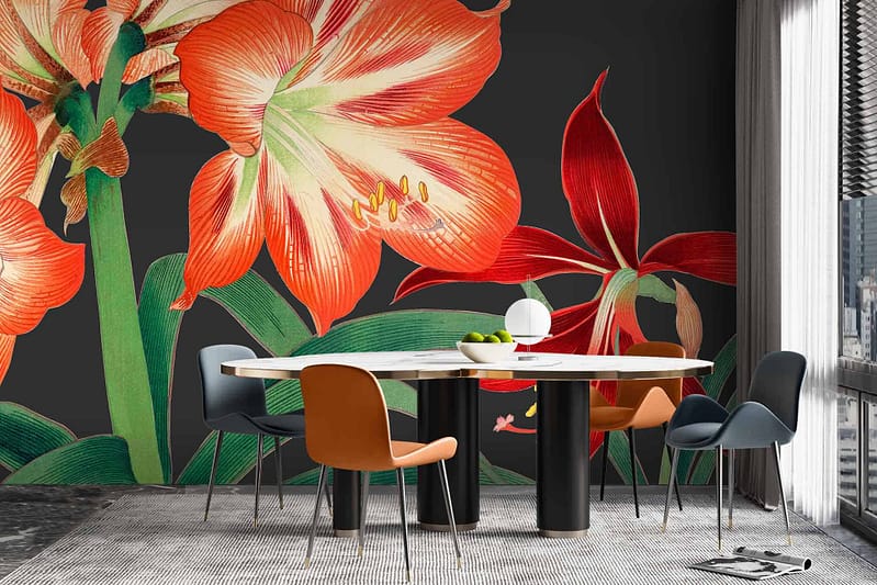 Bold mural, vibrant colors, large Clivia flowers, orange flowers, red flowers, dark wall.