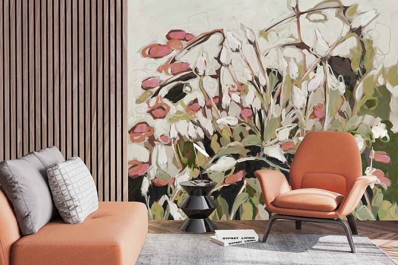 Abstract mural, floral design, white hues, pink hues.