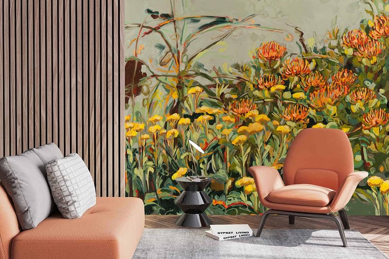 Vibrant mural with yellow and orange flowers.