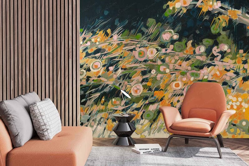 Abstract floral wall mural featuring large, overlapping petals in vibrant hues of orange and pink. Accents include subtle green leaves and intricate white line details. A mix of bold and pastel tones creates a dynamic, artistic backdrop with fluid shapes and soft gradients. The mural adds a lively yet elegant touch to the modern living room decor.