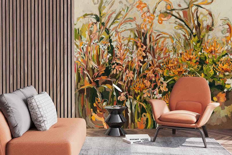 Colorful floral mural, autumnal hues, large flowers, vibrant colors, fall tones.