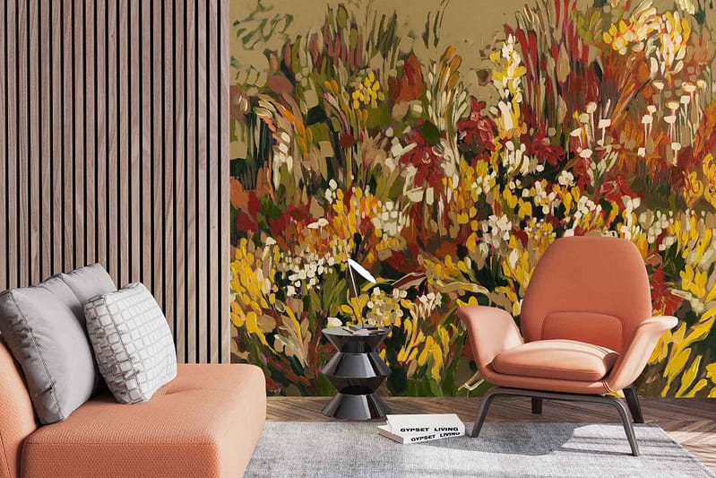 Vibrant floral mural with bold flowers, leaves, and vines. Colors include shades of red, pink, yellow, orange, green, blue, and white on a contrasting background.