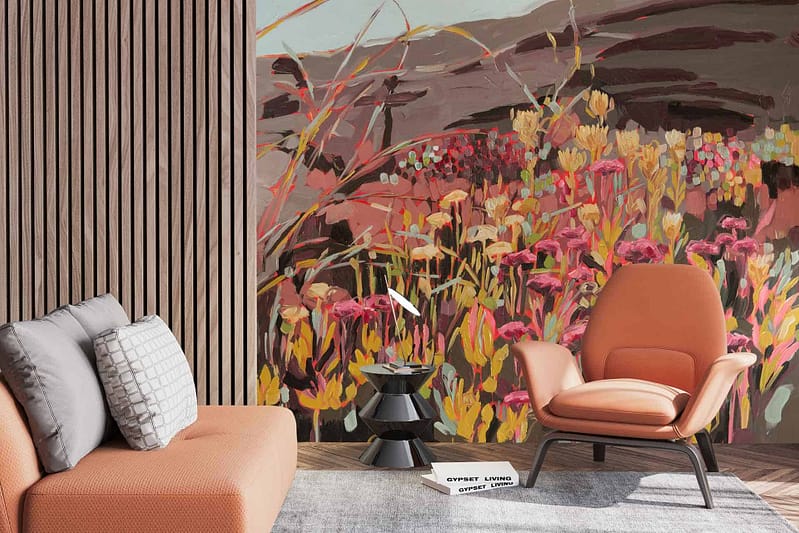 A colorful mural of a floral landscape covers the back wall, featuring vibrant flowers, lush greenery, and dynamic scenes. The palette includes bright reds, greens, blues, yellows, and pinks.