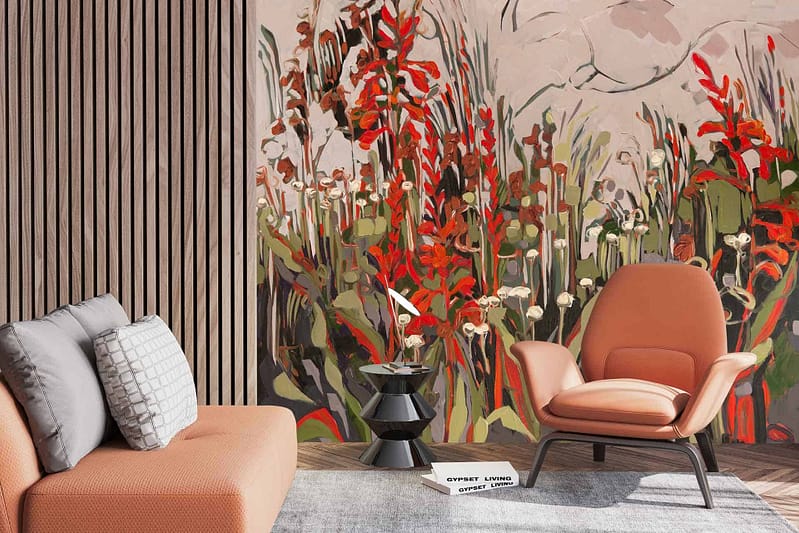 The wallpaper features vibrant red and green floral patterns.