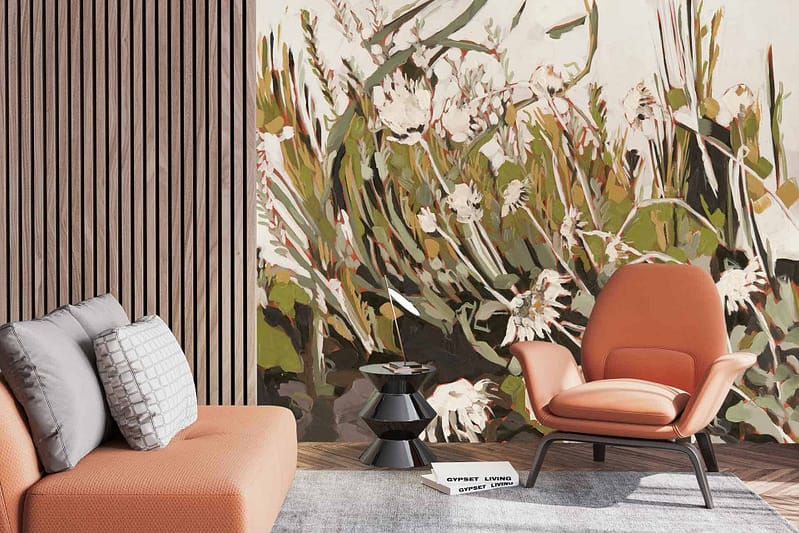 The wallpaper features a vibrant, nature-inspired design with lush green foliage, colorful tropical flowers in pinks and oranges, and playful birds in shades of blue and red.