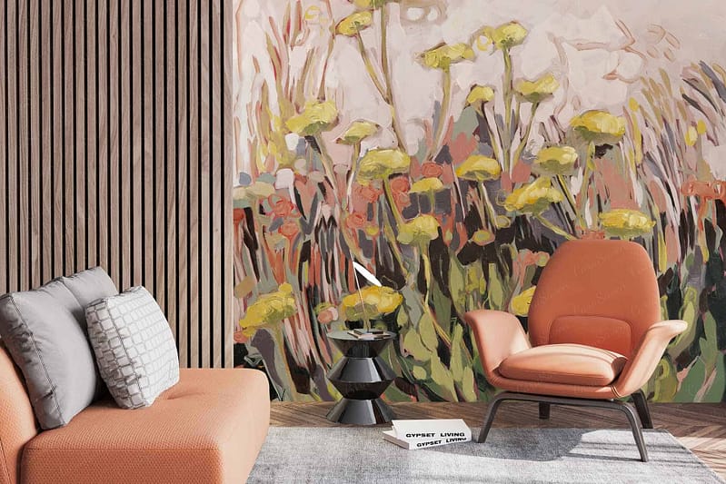 The wall mural features abstract yellow flowers set against a pastel background. This wallpaper includes elements of various shades of yellow, light pink, soft blue, and muted greens. The floral design adds a touch of whimsy and artistic flair to the room's ambiance.