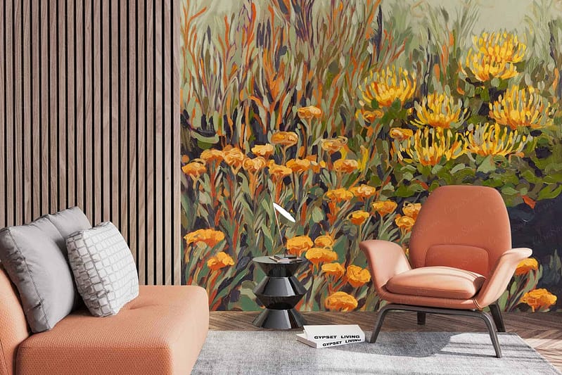 Wallpaper featuring vibrant yellow and orange flowers.